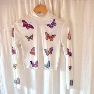 Sheer Butterfly Long-sleeve Crop Top S